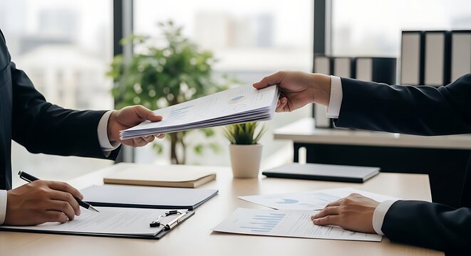 Businesspeople exchange documents