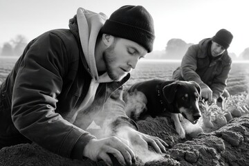 Early morning field planting activity with visible breath and cooperative dog