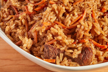 A bowl of plov, the Uzbek meat and rice dish