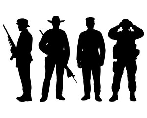 Silhouettes of four armed men standing