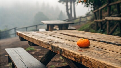 An orange autumn pumpkin sits on a wooden bench in a garden, ready for the fall harvest and Halloween decoration