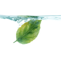 Green leaf floating underwater with bubbles on a white background, showing freshness and purity