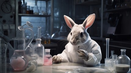 Curious scientist rabbit in a lab conducting a colorful experiment with beakers and chemicals