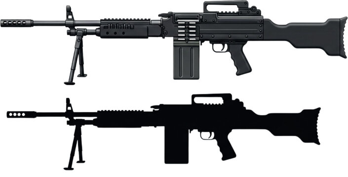 Two M240 Machine Gun Illustrations &ndash; Bipod-Mounted Realistic, Silhouette, | Military Weapon Graphic Set