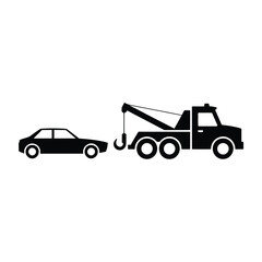 Fototapeta premium Black silhouette of a tow truck towing a car on a white background