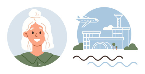 Smiling woman alongside airplane, airport, and wave graphics suggesting travel or vacation. Ideal for tourism, travel agency, exploration, adventure, relocation holiday global connection. Simple