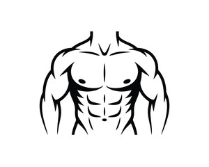 Stylized black and white illustration of a muscular male torso with defined abs