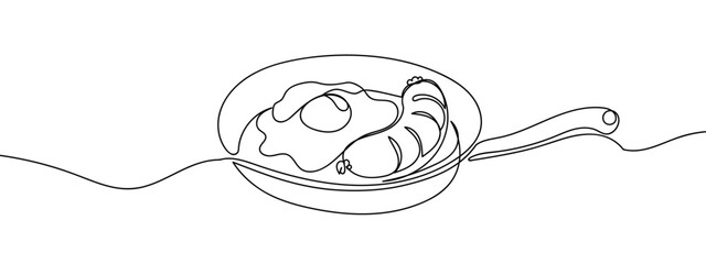 Continuous line, fried eggs and sausage in a pan, cooking Minimal hand drawn line vector cut out background editable stroke.