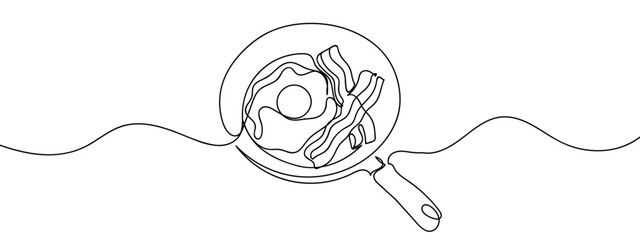 Continuous line, fried eggs and bacon in a pan, cooking Minimal hand drawn line vector cut out background editable stroke.