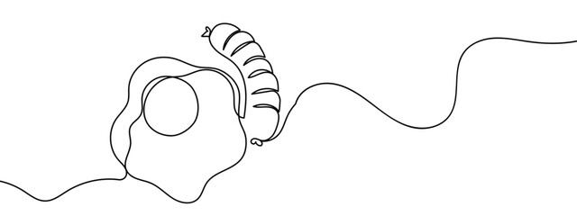 Continuous line, fried egg and sausage Minimal hand drawn line vector cut out background editable stroke.