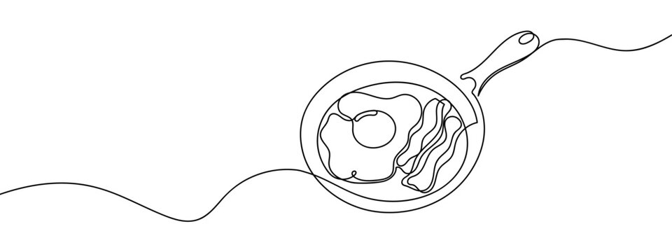 Continuous line, fried eggs and bacon in a pan, cooking Minimal hand drawn line vector cut out background editable stroke.