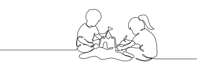 Continuous line boys and a girl are building a sand castle. Minimal hand drawn line vector cut out background editable stroke.
