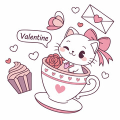 A Happy Kawaii Cat with in a teacup in a Valentine theme – Valentine Blush palette SVG illustration