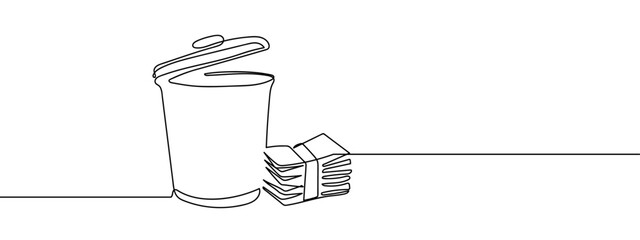 Continuous line, trash can and banknotes, wrong investment, financial business idea, concept Minimal hand drawn line vector cut out background editable stroke.
