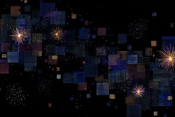 Abstract digital fireworks display over a grid of squares