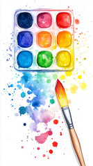 Fototapeta premium Back to school card with watercolor paints and brush on white background