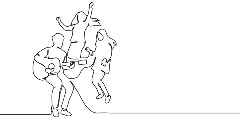 Continuous line, group of people playing music, man playing guitar Minimal hand drawn line vector cut out background editable stroke.
