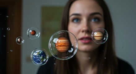 Dreamy visual of space planets orbiting inside magical transparent spheres.

