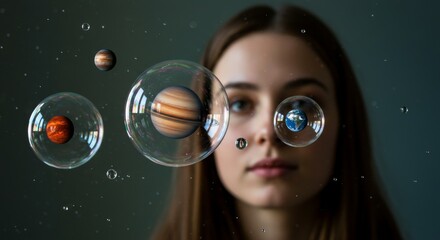 Dreamy visual of space planets orbiting inside magical transparent spheres.

