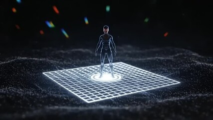 Futuristic digital figure standing on a grid in an abstract space with colorful light effects - Powered by Adobe