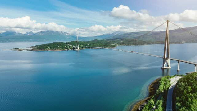 Aerial shot of the Halogaland Suspension Bridge near the town of Narvik in Northern Norway.