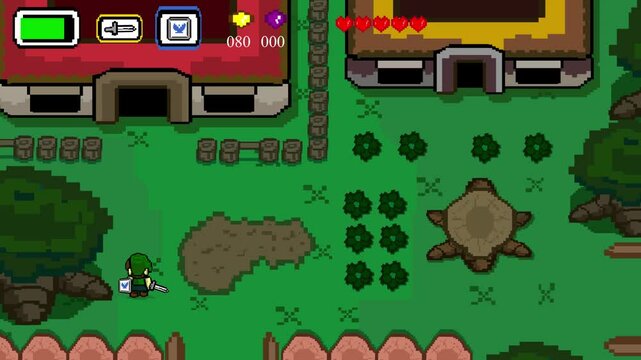 Animation of an old 16-bit game with a boy in a green hat, sword and shield, walking through the forest with houses collecting crystals, pixel art.