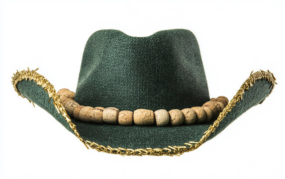 Green and gold australian cowboy hat with corks designed for sun protection. Generative AI.