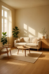 Inviting and serene minimalist living room illustration with a cozy beige sofa, warm natural sunlight, and lush green plants. Modern home interior design.