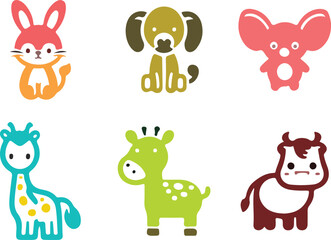 A funny cartoon animal vector set with cute pet, zoo, and farm characters including a dog, cat, cow, rabbit, giraffe, rat, and bunny illustration collection