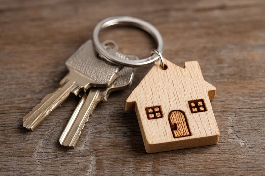 Keys and house keychain on a wooden surface