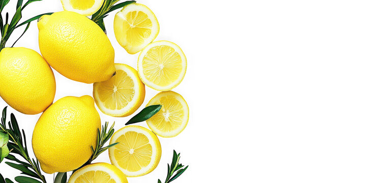 Fresh lemons and herbs arrangement on transparent background