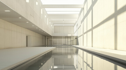 Fototapeta premium Long Interior Hallway with Dramatic Light and Shadow Play