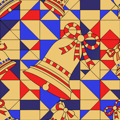 Naklejka premium Christmas plaid pattern with golden bells and bows in vibrant colors 