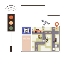 Traffic light, AI chip, satellite, map with car and pedestrian showing advanced traffic optimization. Ideal for technology, urban planning, smart cities, AI integration, transportation innovation