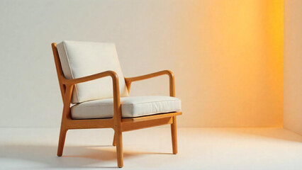 Modern wooden armchairs with cushion seating isolated on white and minimal backgrounds. Stylish home furniture in various angles and lighting settings.