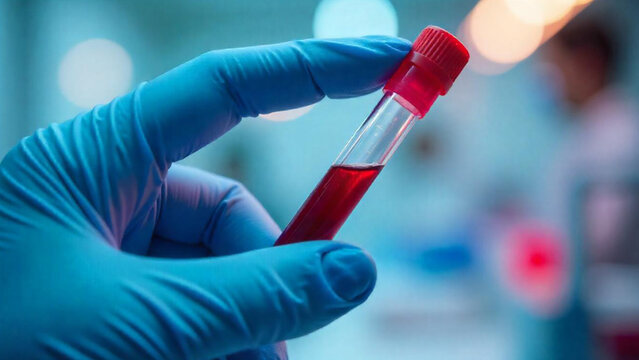 Close-up of a gloved hand holding a test tube filled with blood in a medical laboratory. Laboratory background with healthcare professionals out of focus.