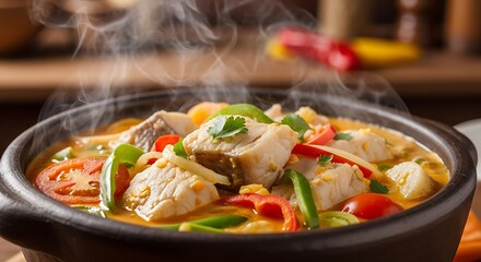 Brazilian moqueca fish stew in clay pot with coconut milk and dendê oil, served hot with steam rising from bowl