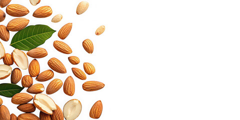 Obraz premium Pile of almonds and leaves on transparent background