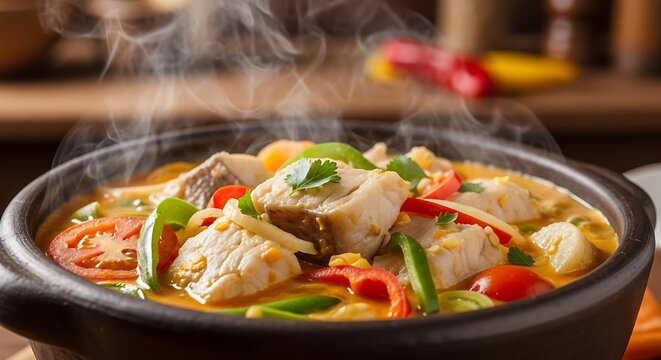 Brazilian moqueca fish stew in clay pot with coconut milk and dend&ecirc; oil, served hot with steam rising from bowl