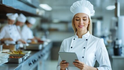 Female chef uses digital tablet in professional kitchen environment - Powered by Adobe