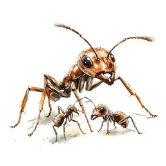 A Mother Ant With Her Kid, watercolor painting vector, isolated on a white background.