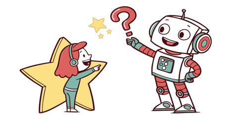 Fototapeta premium Charming design features a girl with star alongside a curious robot holding a question mark, perfect for educational or whimsical projects.