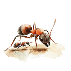 A Mother Ant With Her Kid, watercolor drawing vector, isolated on a white background.