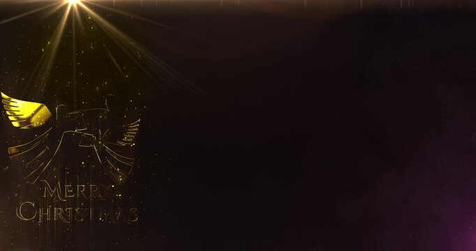 Two shining Christmas angels playing with trumpets in light particles background and Merry Christmas text. Seamless loop of angels singing 4k