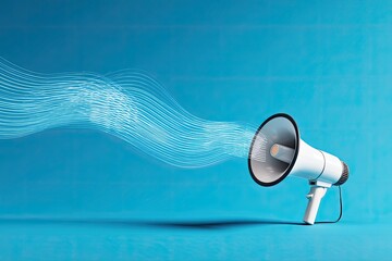 White megaphone with digital waves on a blue background