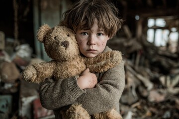 A young child with messy hair clutches a frayed teddy bear, surrounded by debris, conveying a sense of loss and vulnerability