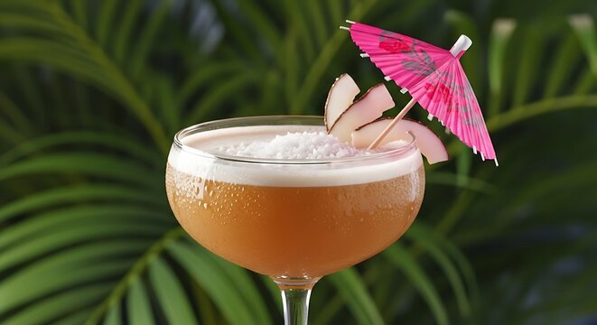 Refreshing Brazilian batida de coco cocktail in a chilled glass with coconut flakes and tropical decoration