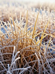 Frost-Covered Dry Grass in a Winter Morning
