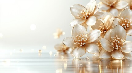 Elegant gold flowers with sparkling gems on a reflective surface.