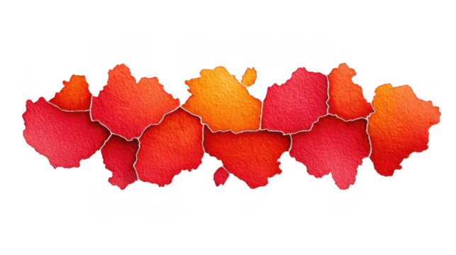 Colorful abstract shapes in red and orange feature sharp cutouts with a transparent background. Ideal for use in design projects, graphics, or decorative purposes at any moment.
